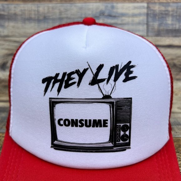 They Live John Carpenter Consume Mens Trucker Hat Red Snapback Horror Ball Cap - Picture 3 of 8
